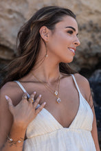 Close-up of model wearing Herkimer Diamond rings in gold with matching thread earrings, necklaces and bangle.