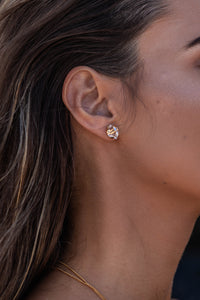 Close-up model shot of the Higher Realm Herkimer Diamond Stud Earrings in gold, showcasing the crystal clarity and radiant sparkle of the diamonds.