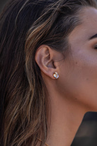 Close-up model shot of the Higher Realm Herkimer Diamond Stud Earrings in gold, showcasing the crystal clarity and radiant sparkle of the diamonds.